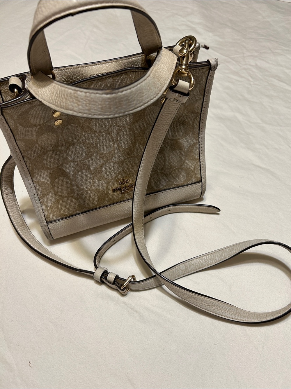Coach Beige Signature Canvas Crossbody Bag with Cream Leather Trim